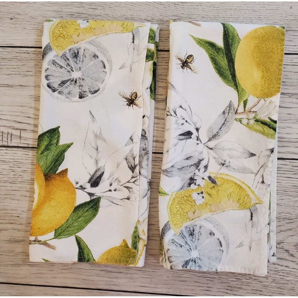 Williams Sonoma Meyer Lemon Citrus Bees Cotton Kitchen Tea Towels Set of 2